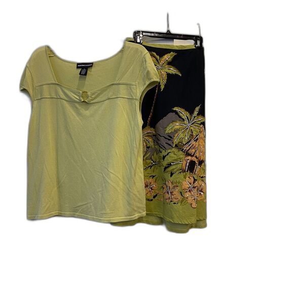 3 Piece McNaughton JPR Skirt 2 Top Set Tropical Palm Trees Sequins Green XL NEW - Picture 5 of 16